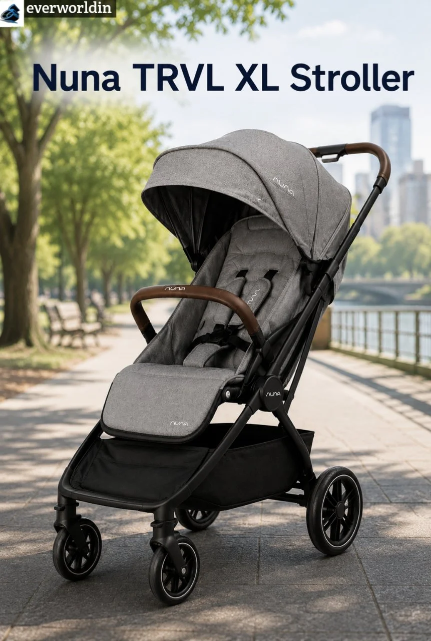 Nuna TRVL LX stroller parked outdoors showcasing premium design and lightweight travel-friendly frame.