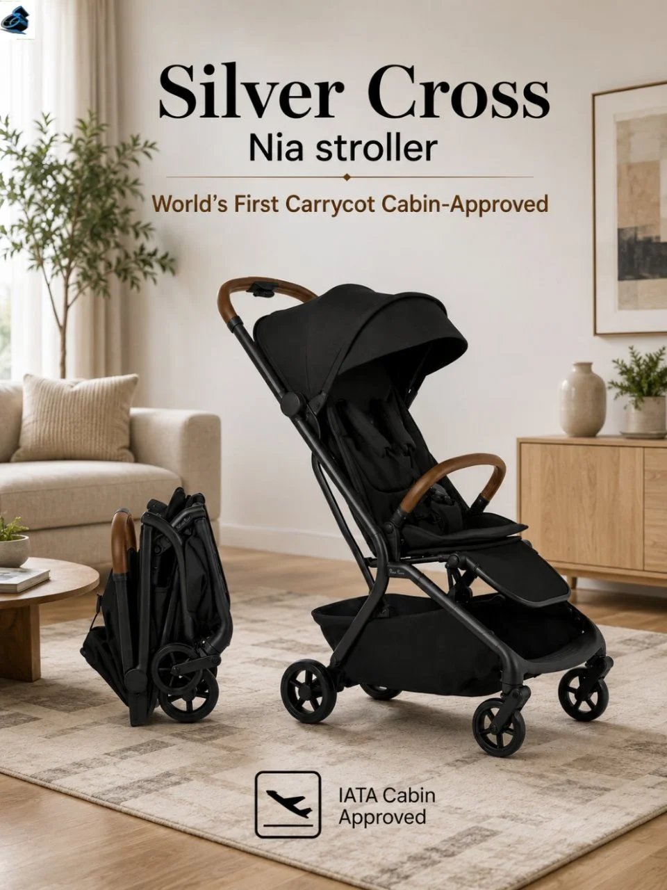 Silver Cross Nia Stroller with cabin-approved carrycot displayed in a modern airport terminal for family travel.