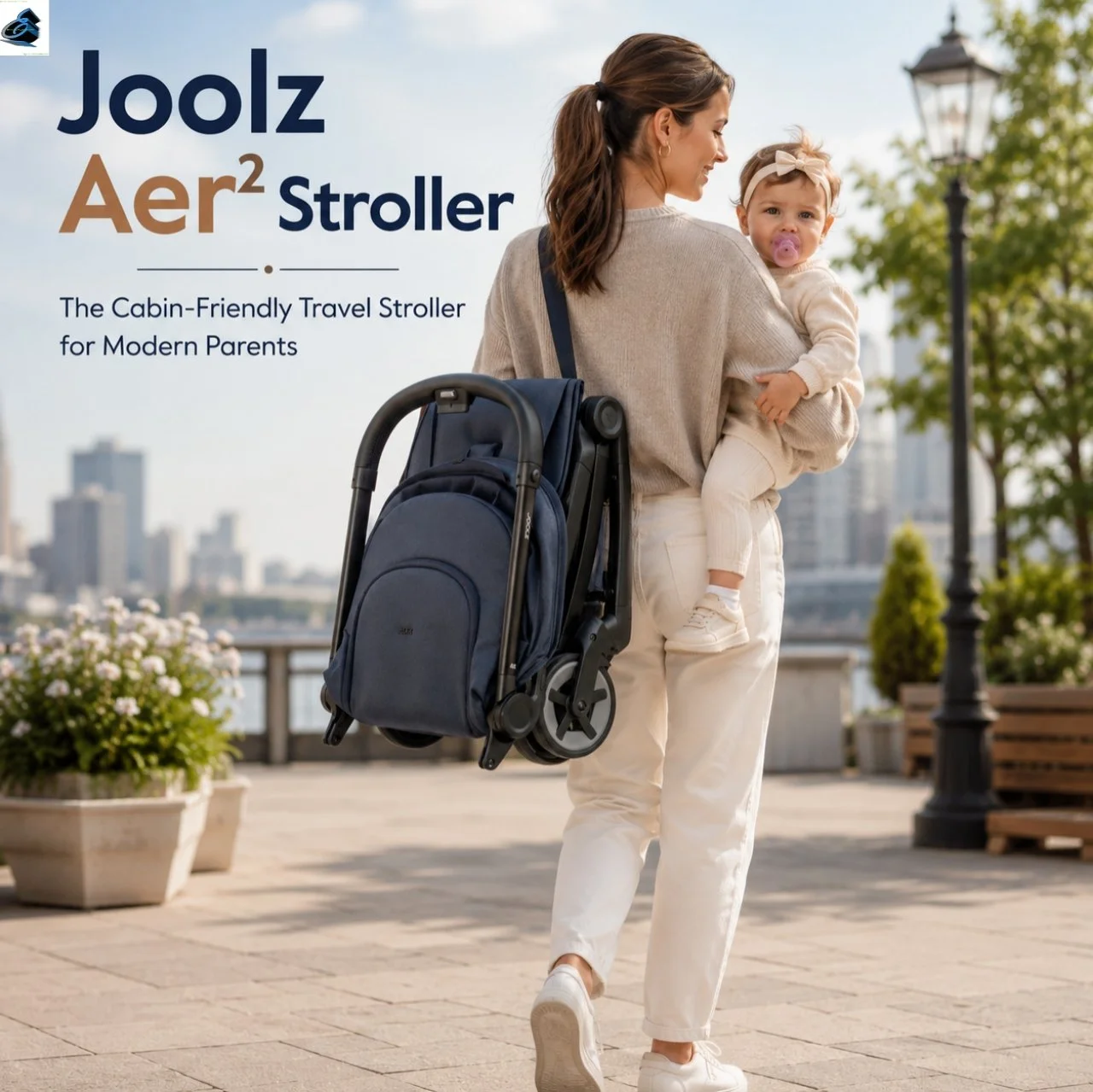 Joolz Aer2 ultra-lightweight travel stroller folded and standing with canopy extended