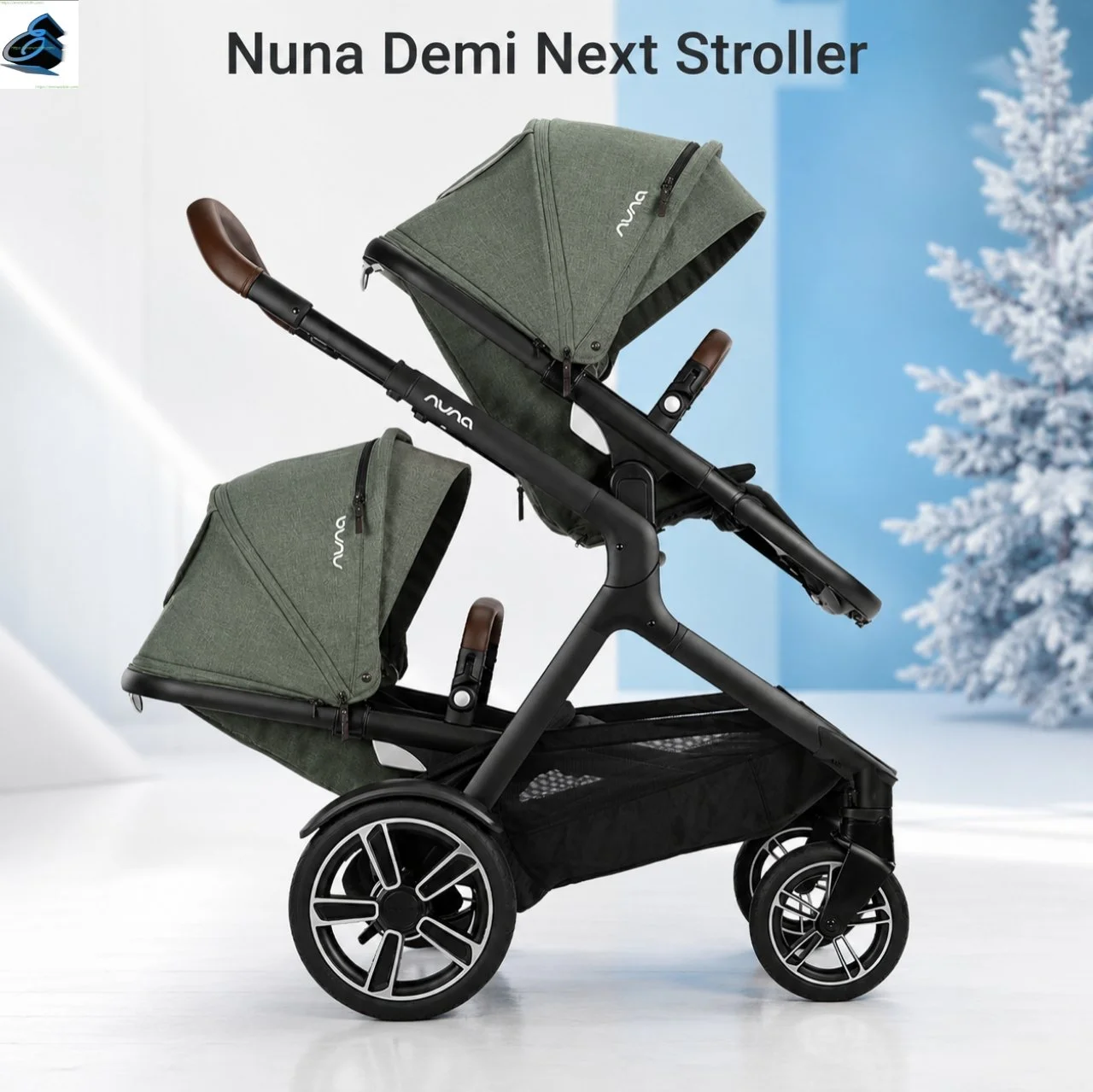 Nuna Demi Next stroller in single mode with large canopy and storage basket on city sidewalk