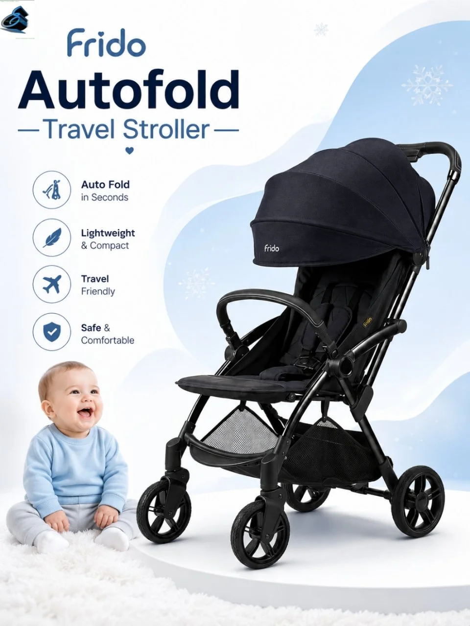 Frido Autofold Travel Stroller in folded and open position with baby sitting in it